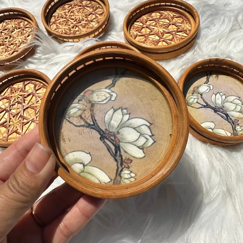 Vintage 7 Piece Set Bamboo Boho Coasters Ornate Midcentury Retro Mod Geo Decor